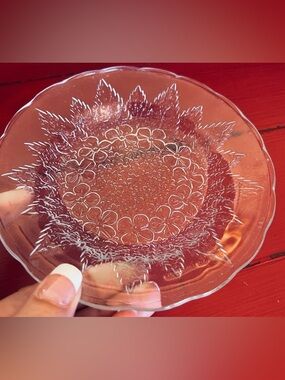 6” Vintage KIG Indonesia Glass Floral Plate / Candle Holder / Trinket Dish